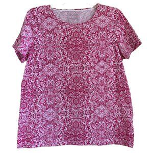 TALBOTS Womens' Raspberry Pink & White Geometric Print Crewneck T-Shirt Sz L